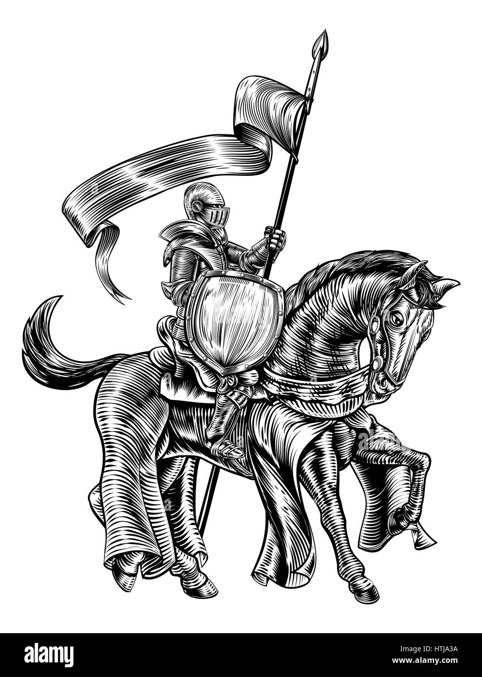 Un chevalier tenant une lance ou une lance avec bannières et le bouclier sur le dos de cheval dans une cité médiévale ou gravés sur bois vintage style gravé Banque D'Images