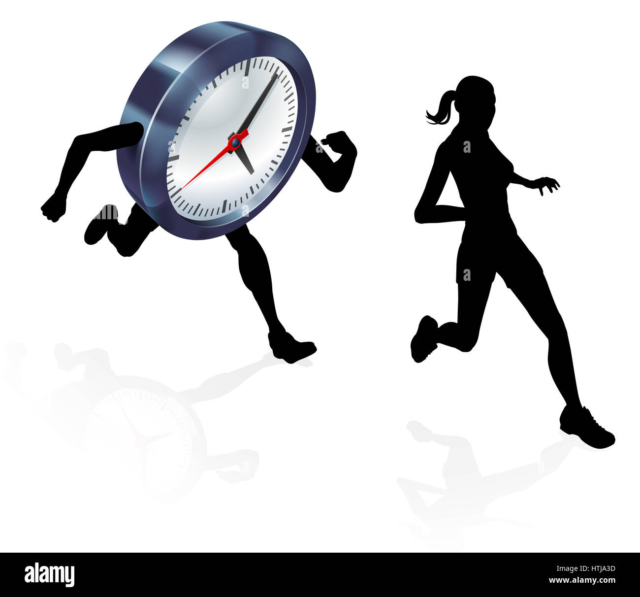 Une femme en marche d'une horloge ou d'une course il concept pour la pression du temps ou d'équilibre de vie, d'être souligné, course une date limite ou d'obtenir un temps record Banque D'Images