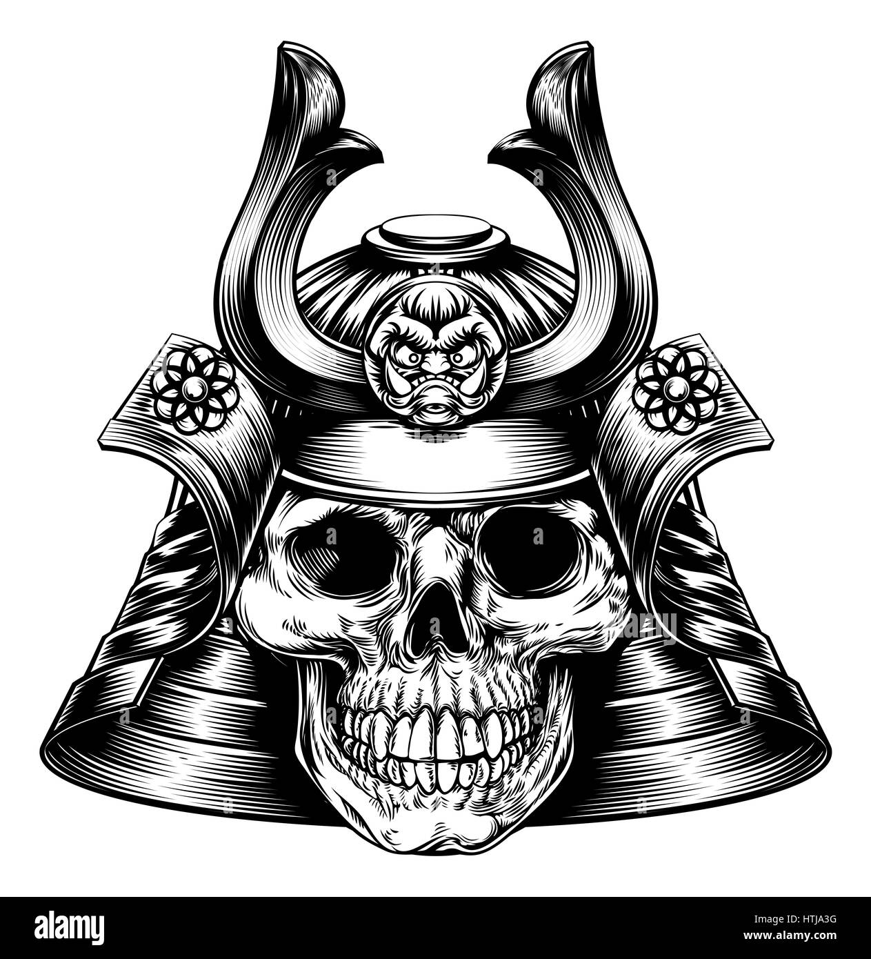 Un samouraï masque et casque avec un crâne squelettique face Banque D'Images