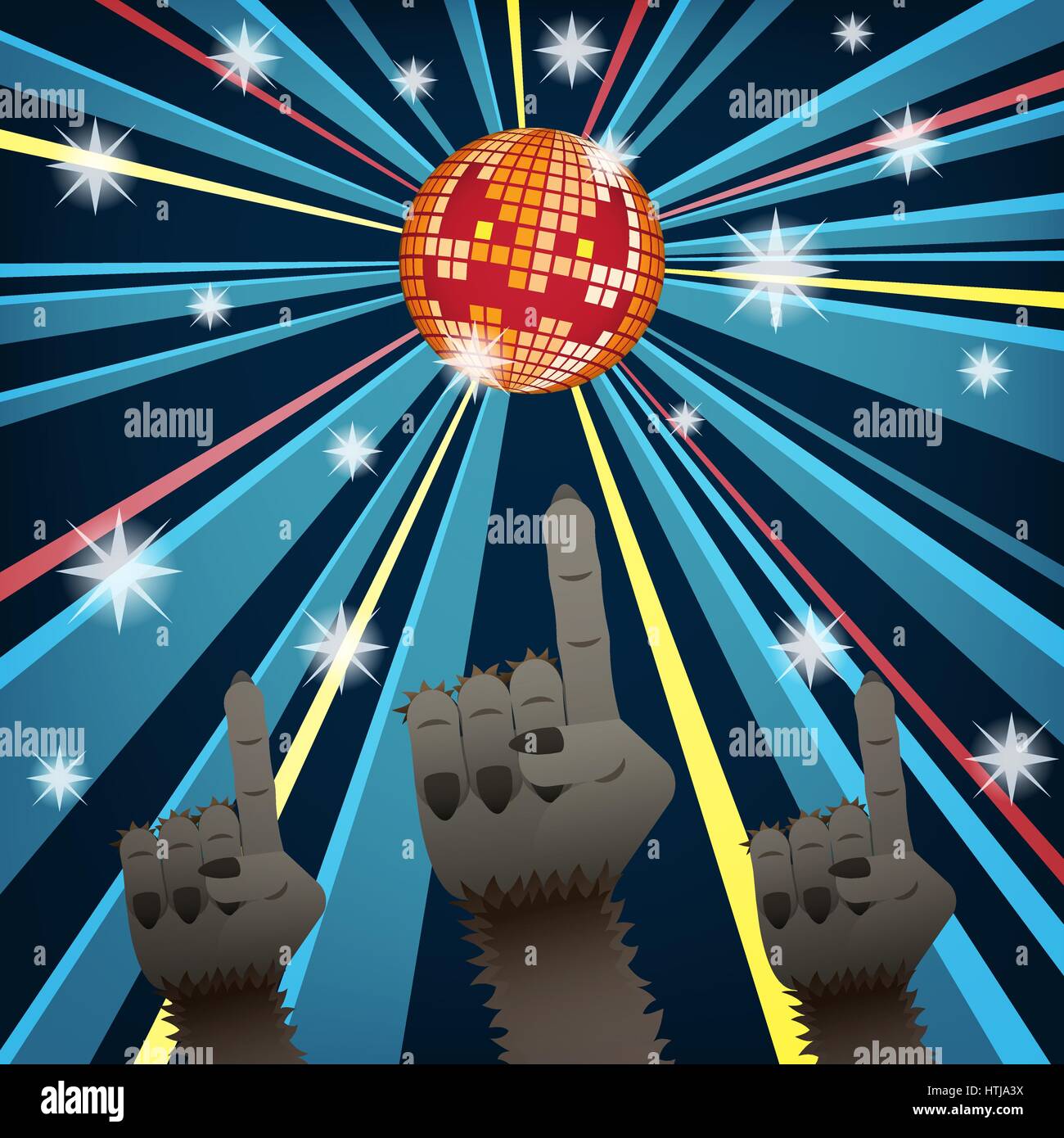 Disco Party Halloween avec des mains de loup-garous dansant sous groupe jack o lantern mirror ball Illustration de Vecteur