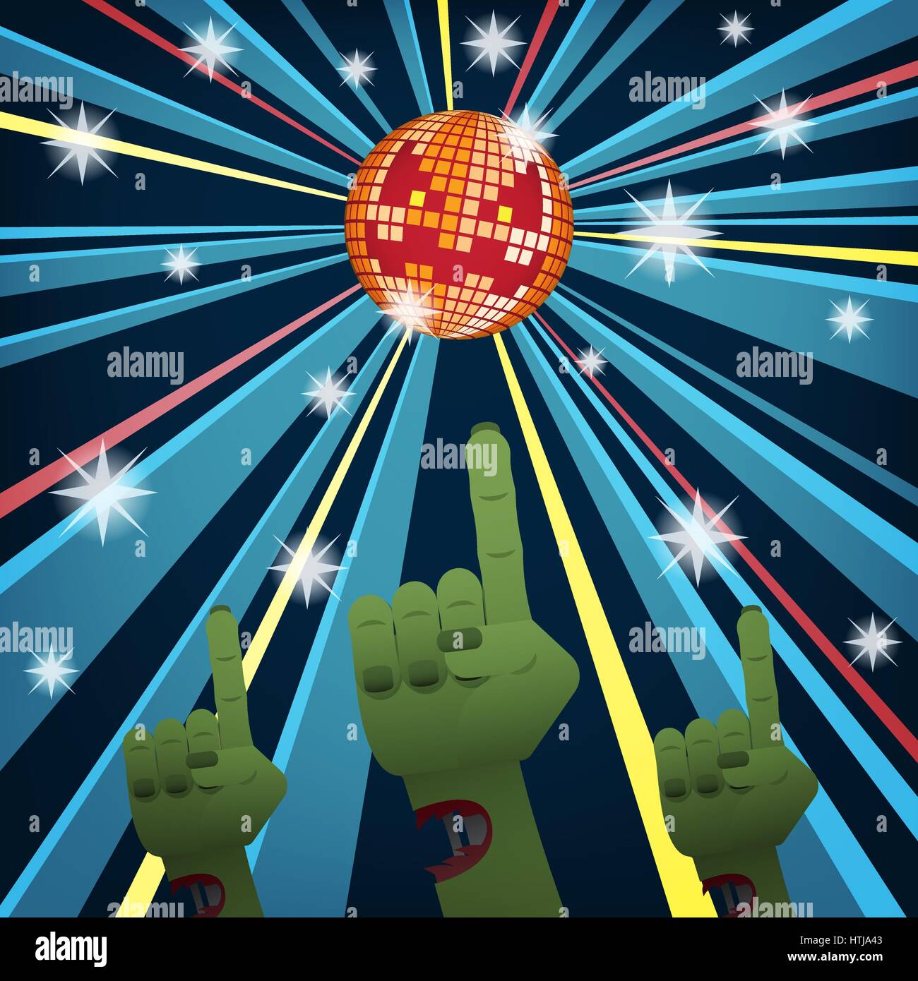 Disco Party Halloween avec des mains de zombies danser sous jack o lantern mirror ball Illustration de Vecteur