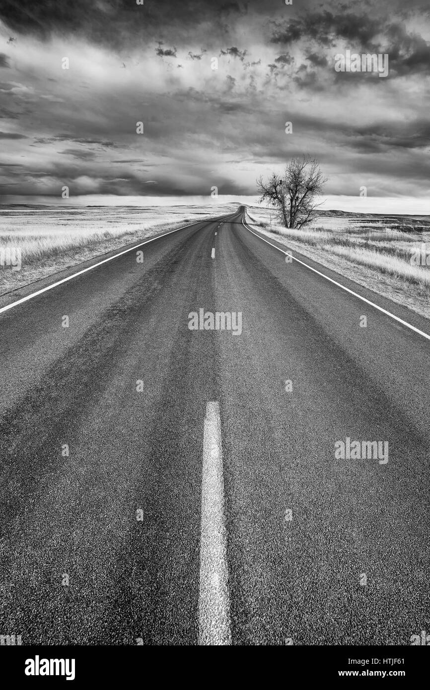 Image noir et blanc d'une autoroute, travel concept, USA. Banque D'Images
