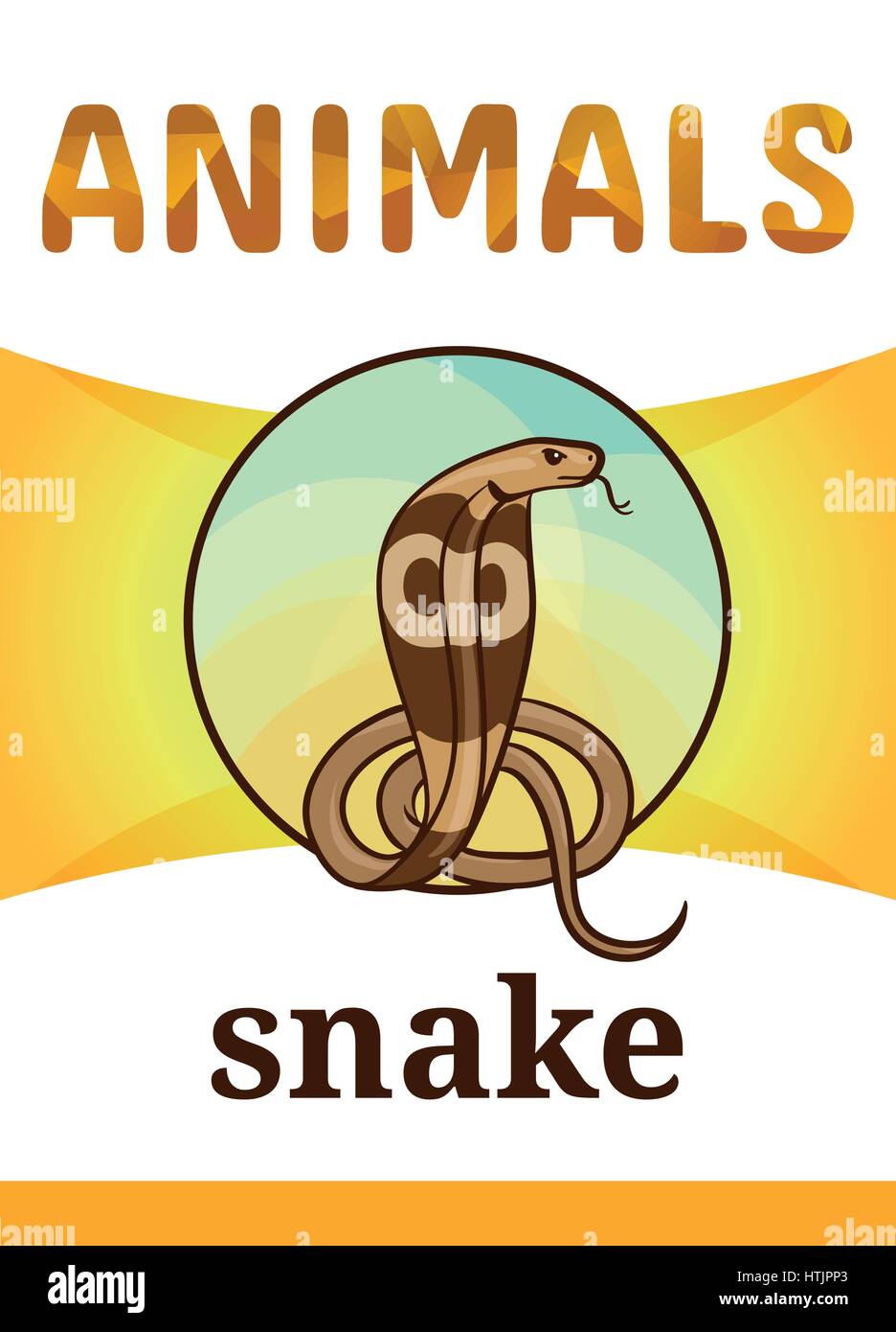 Version imprimable carte flash animal, vector illustration. Convient pour l'enseignement aux enfants de nouveaux mots. King Cobra est un dangereux serpent, cartoon style Illustration de Vecteur