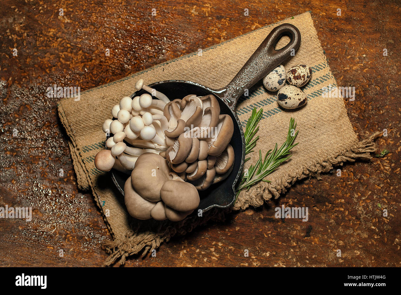 Les matières mixtes, y compris les champignons oriental, et d'huîtres sur un shimeji poêle à la maison Banque D'Images