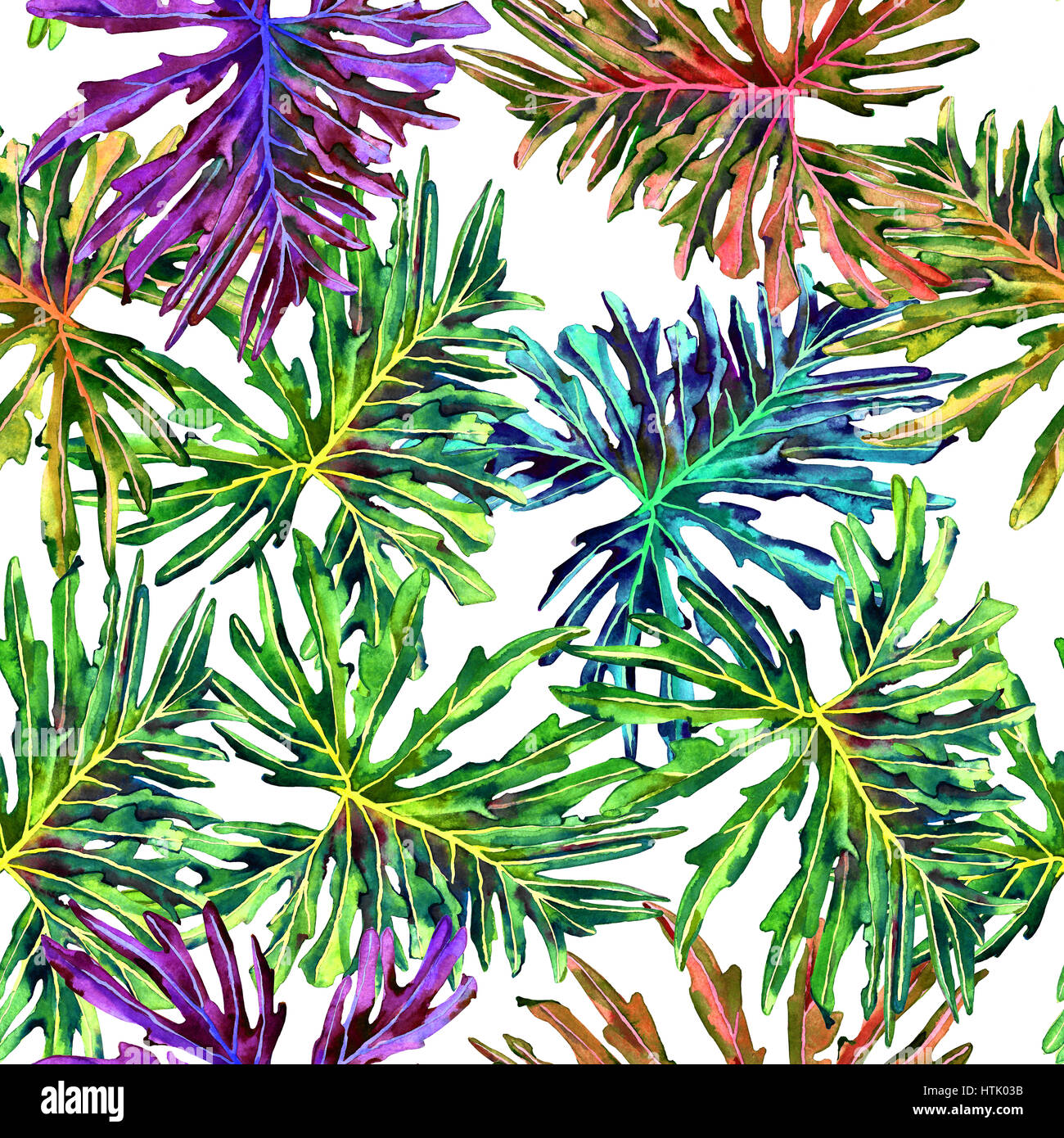 Motif florale avec de belles feuilles de philodendron aquarelle. Feuillage jungle colorés sur fond blanc. Le design textile. Banque D'Images