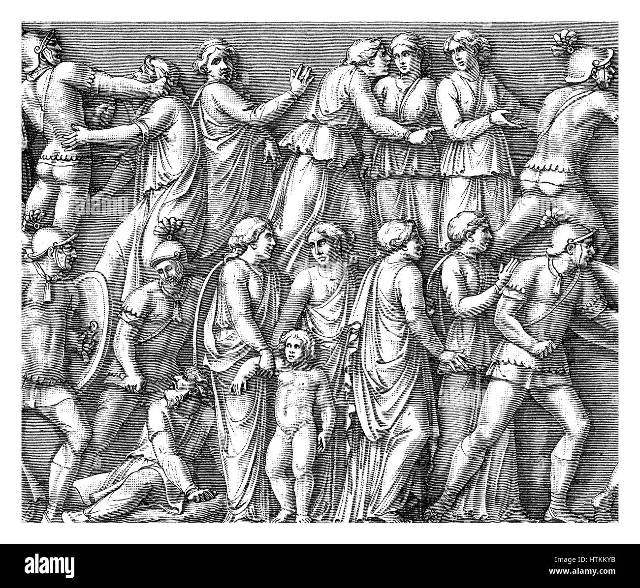 Gravure d'époque représentant l'allemand des femmes capturés par des soldats romains, scène sculptée sur la victoire colunm de Marc Aurèle à Rome (II siècle) Banque D'Images