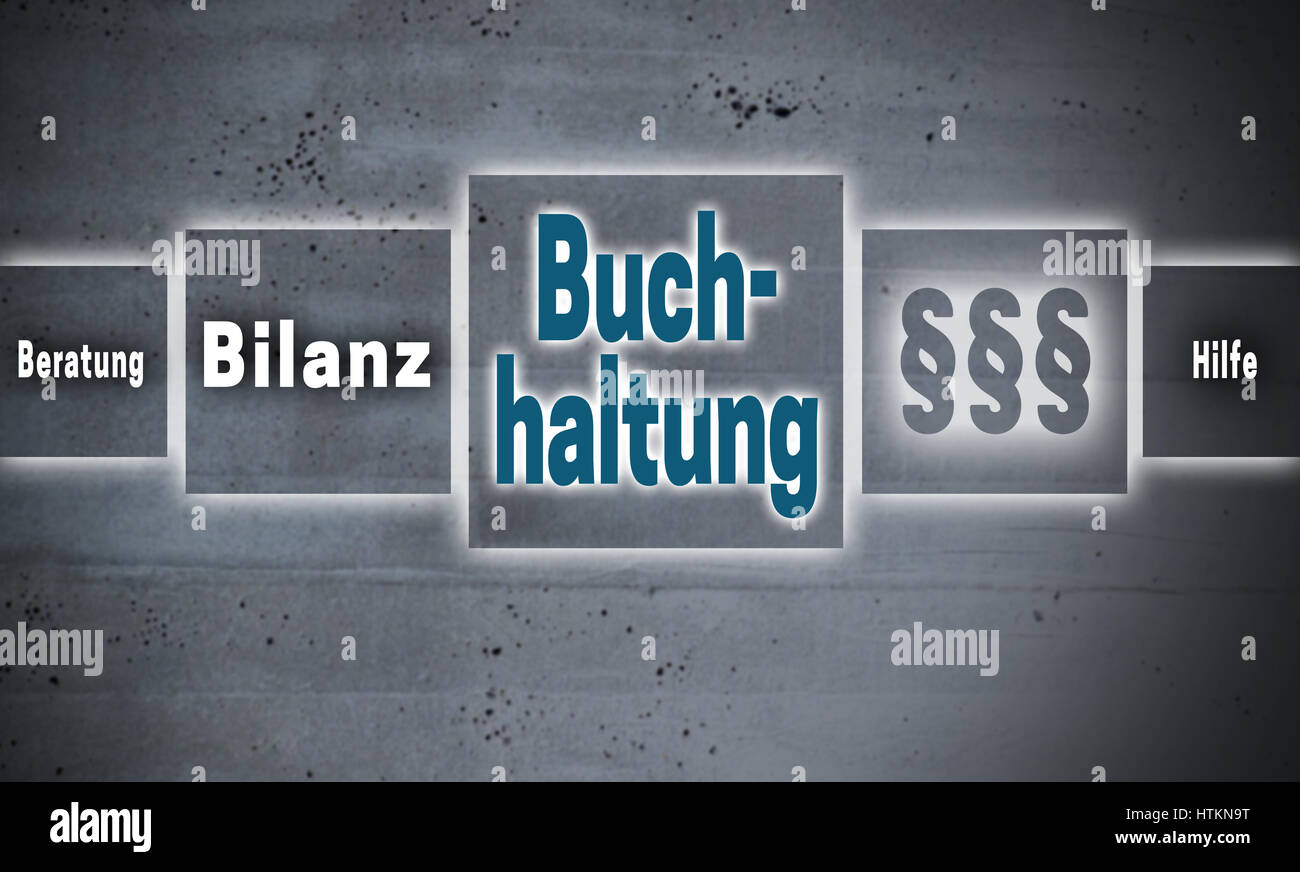 Comptabilité Buchhaltung (en allemand, aide, avice, résultat) concept de l'écran tactile arrière-plan. Banque D'Images