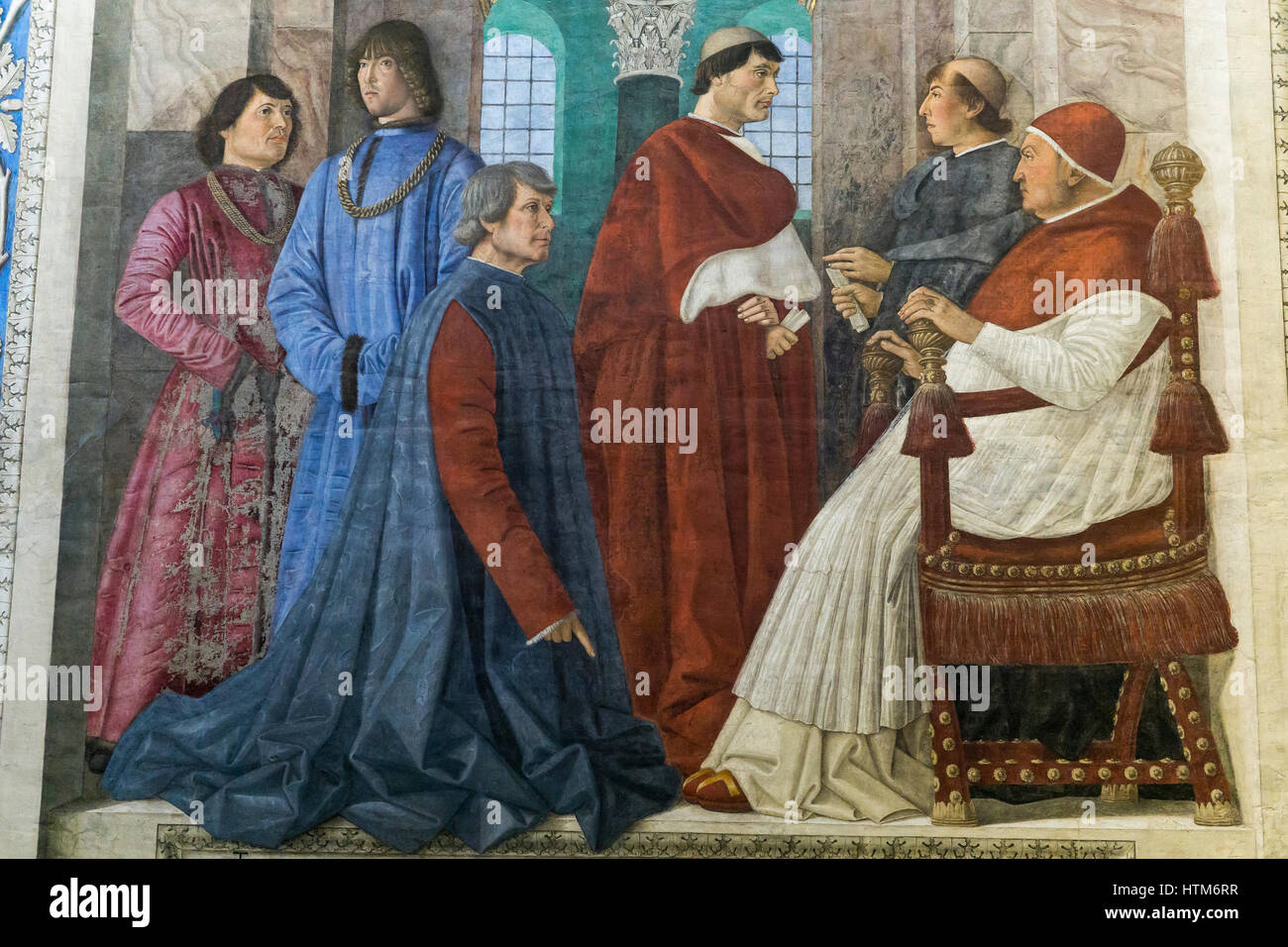 Pinacothèque du Vatican, Melozzo da Forlì, Sixte IV nomme Bartolomeo Platina Préfet de la bibliothèque du Vatican, musée du Vatican, Cité du Vatican, Rome, Italie. Banque D'Images