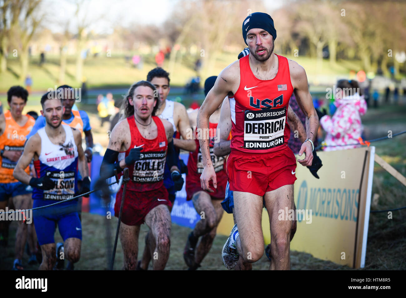 Édimbourg, Écosse, Royaume-Uni, 10 janvier 2015 - champion 2014 Chris Derrick menant les hommes seniors 8k Grand Cross-country d'Édimbourg s'exécuter. Banque D'Images