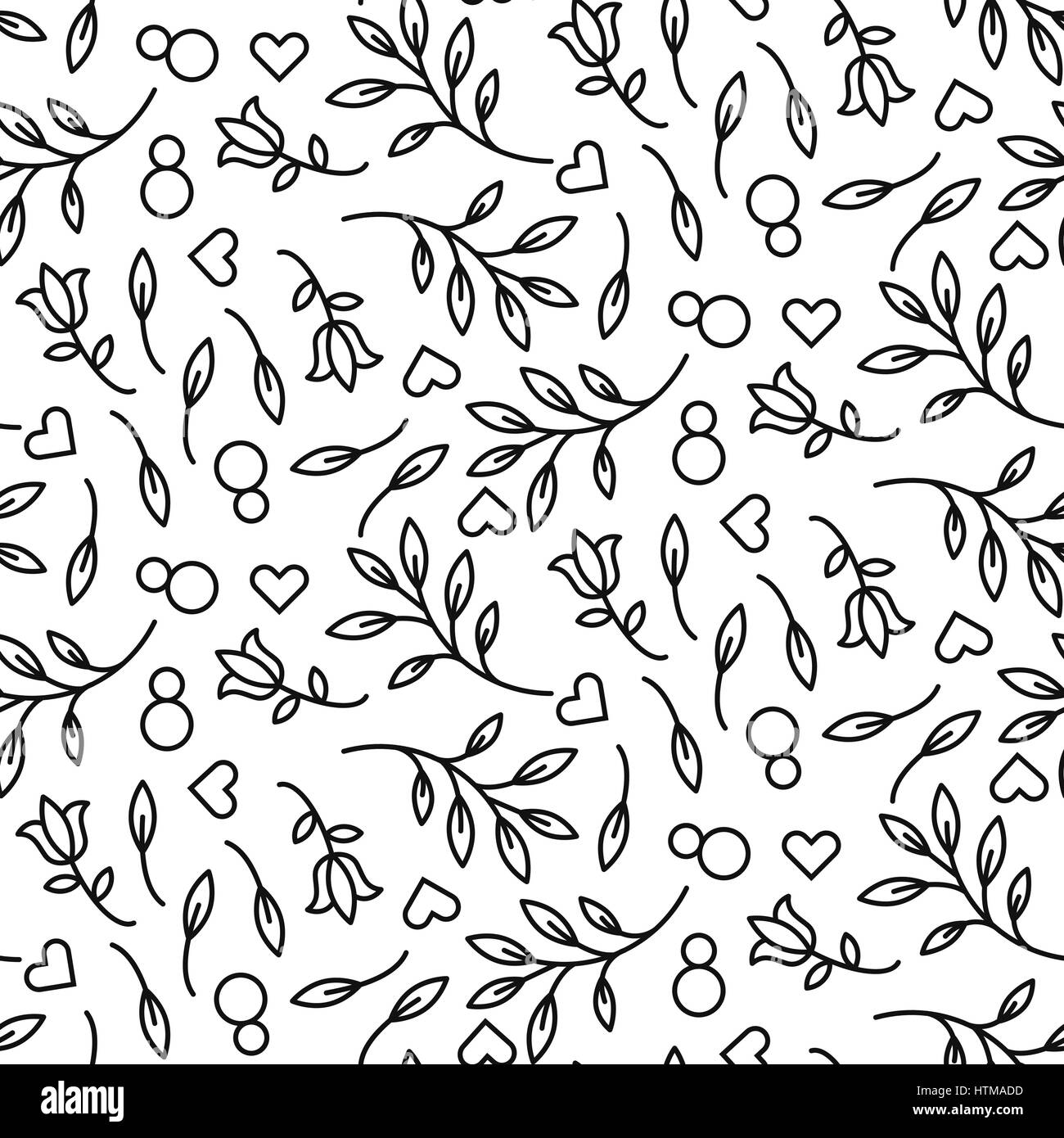 Ligne noire 8 mars floral motif vectoriel continu. Illustration de Vecteur