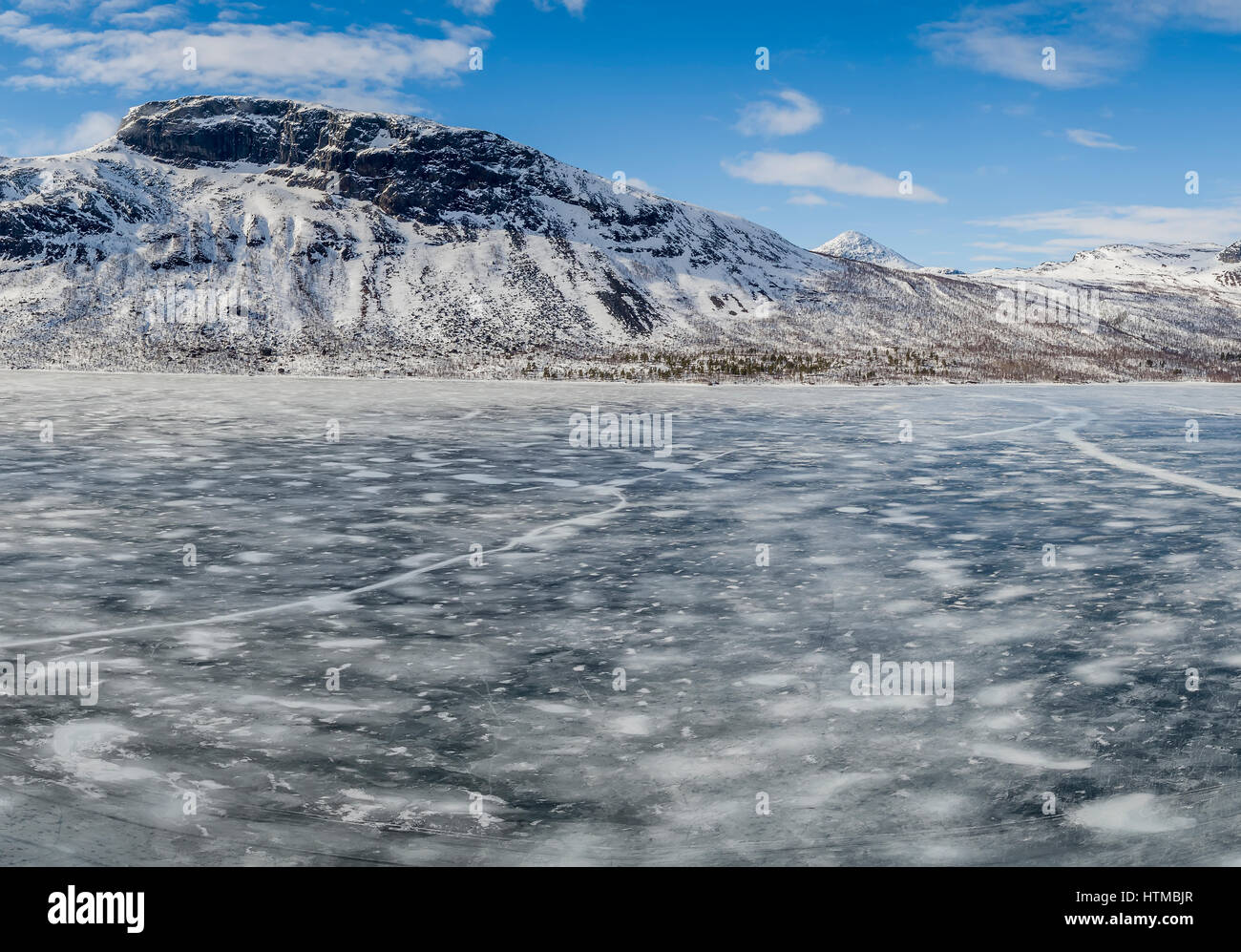 Paysage couvert de neige, Laponia Area, Stora Sjofallet, Parc National de la Laponie en Suède. Zone du patrimoine mondial. Banque D'Images