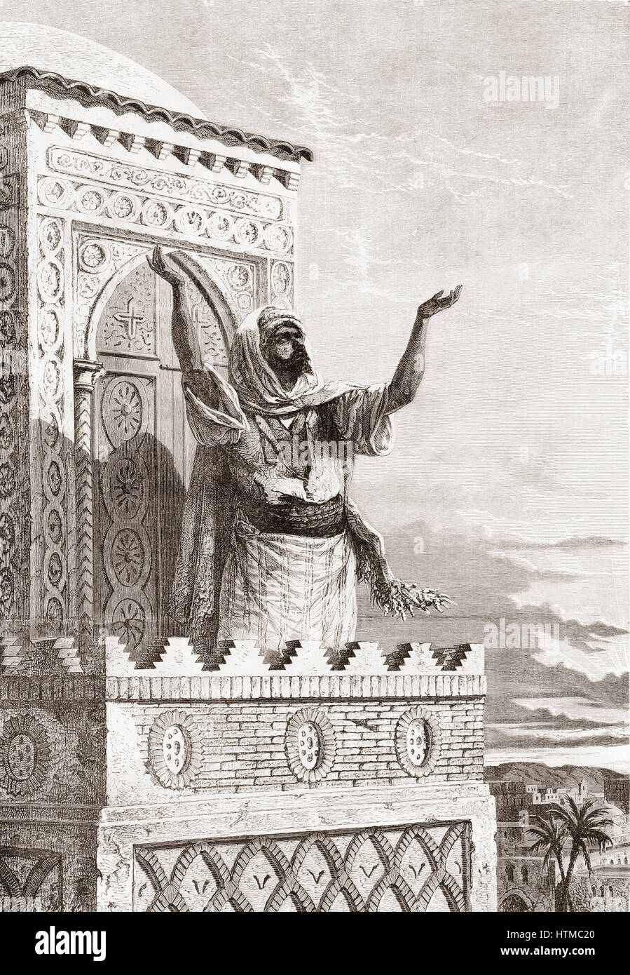 Le muezzin, appelant les fidèles à la prière dans la Grande Mosquée, Tétouan, Maroc, 19e siècle. D Album-Evenement, premier du journal L'Evenement, publié 1865. Banque D'Images