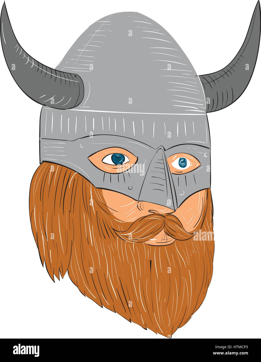Style croquis dessin illustration d'un norseman guerrier viking raider chef barbare avec le port du casque à cornes barbe légèrement sur le côté set Illustration de Vecteur