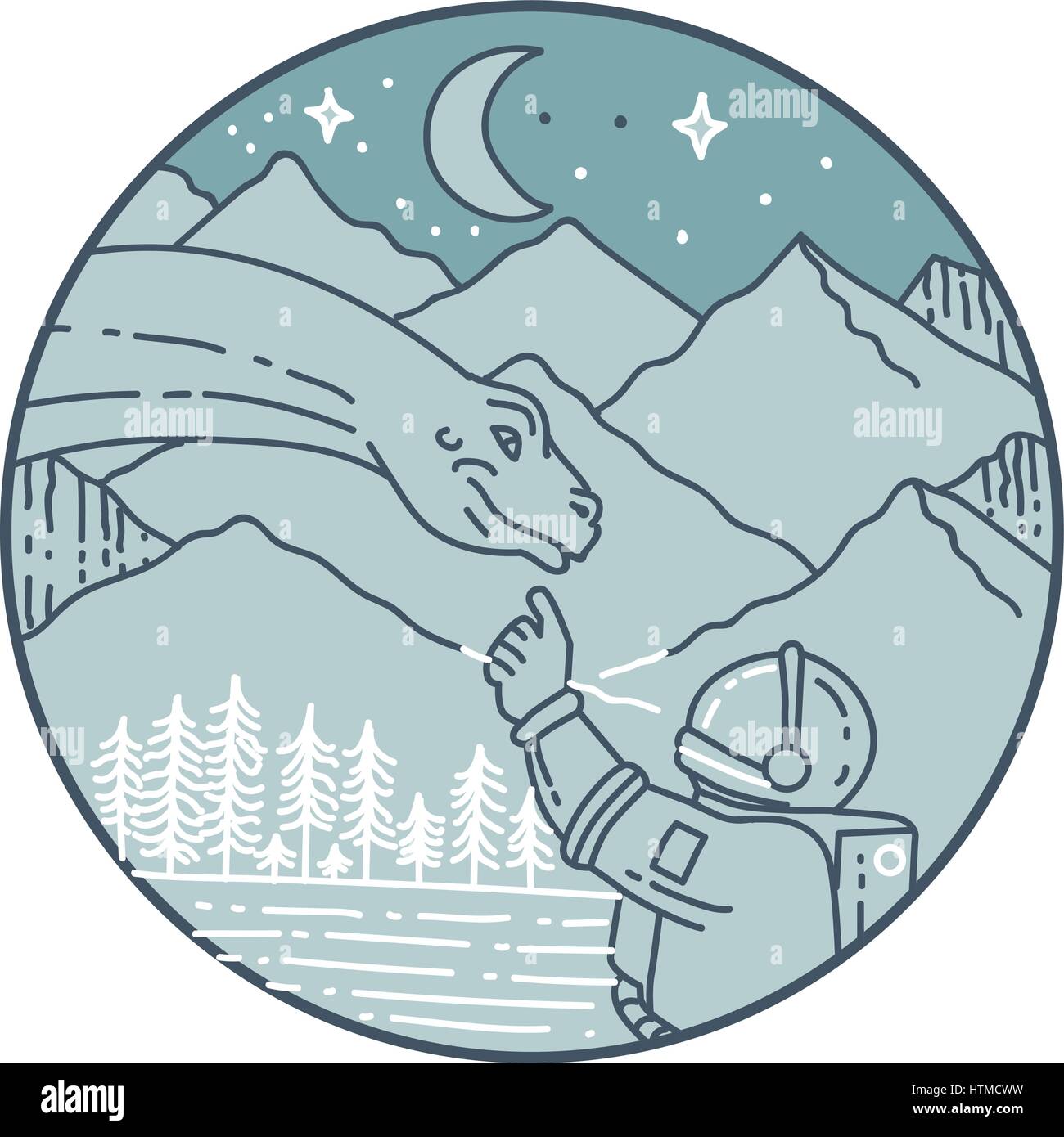 Style ligne mono illustration d'un astronaute de toucher la tête de dinosaure brontosaure mis à l'intérieur du cercle avec vue sur la montagne, la lune, les étoiles et les arbres dans le background Illustration de Vecteur