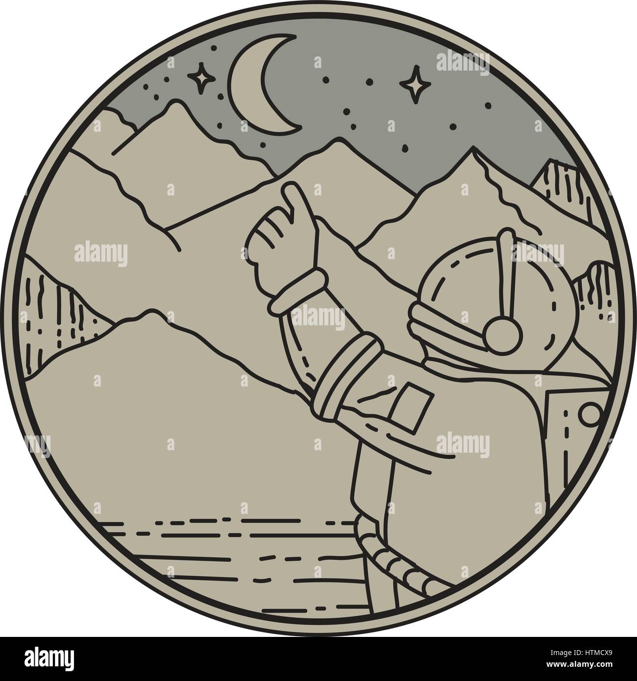 Style ligne mono illustration d'un astronaute en pointant sur la lune et les étoiles avec vue sur la montagne dans l'arrière-plan défini à l'intérieur du cercle. Illustration de Vecteur