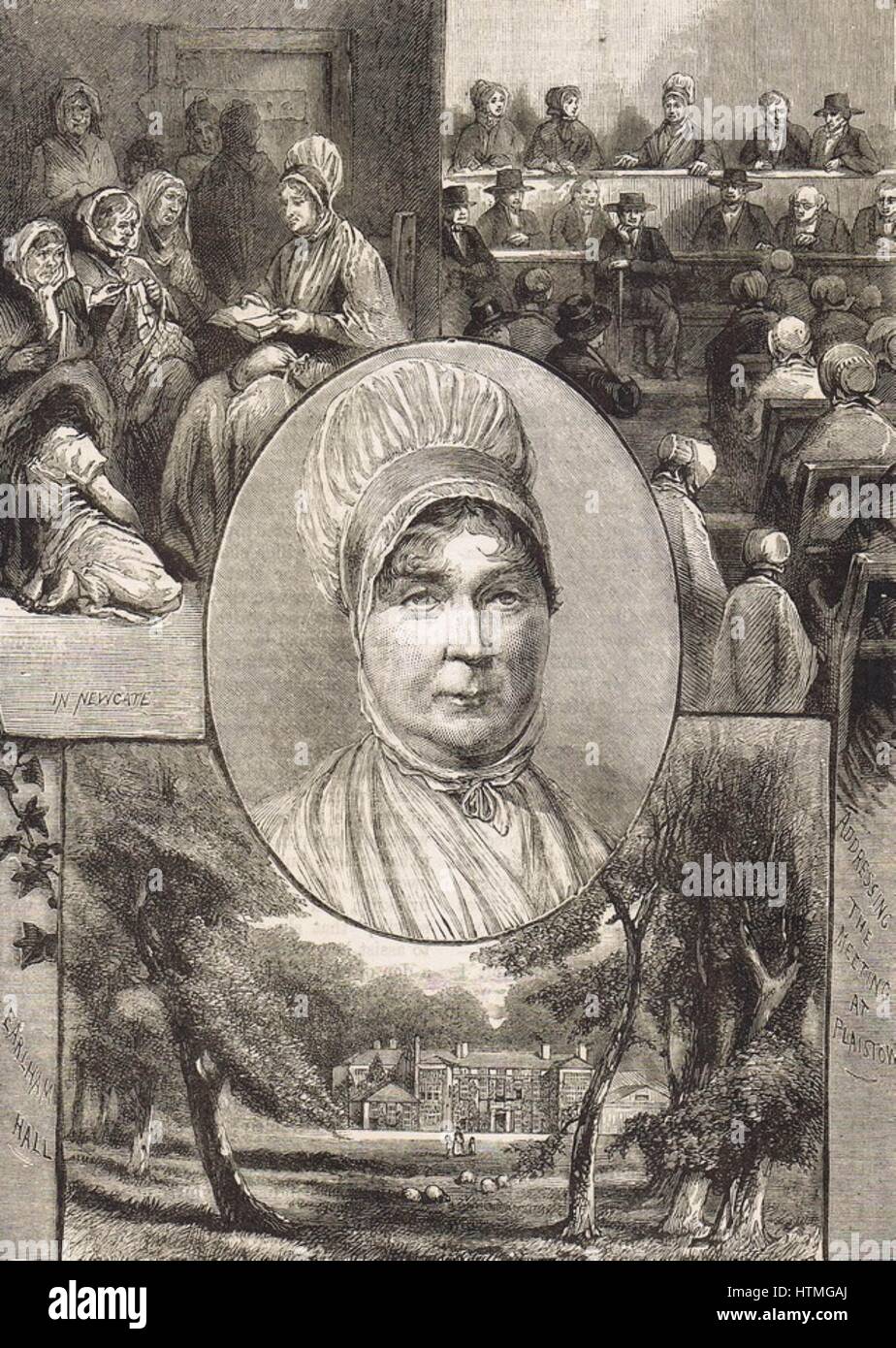 Elizabeth Fry (1780-1845), quaker anglais réformateur social. Fry lecture pour les femmes détenues à Newgate (en haut à gauche) ; gérer réunion Quaker à Plaistow, Grand Londres, (en haut à droite) ; la maison de son enfance, Earlham Hall, Norwich. À partir de 'Le carquois", Londres, 1882. Banque D'Images