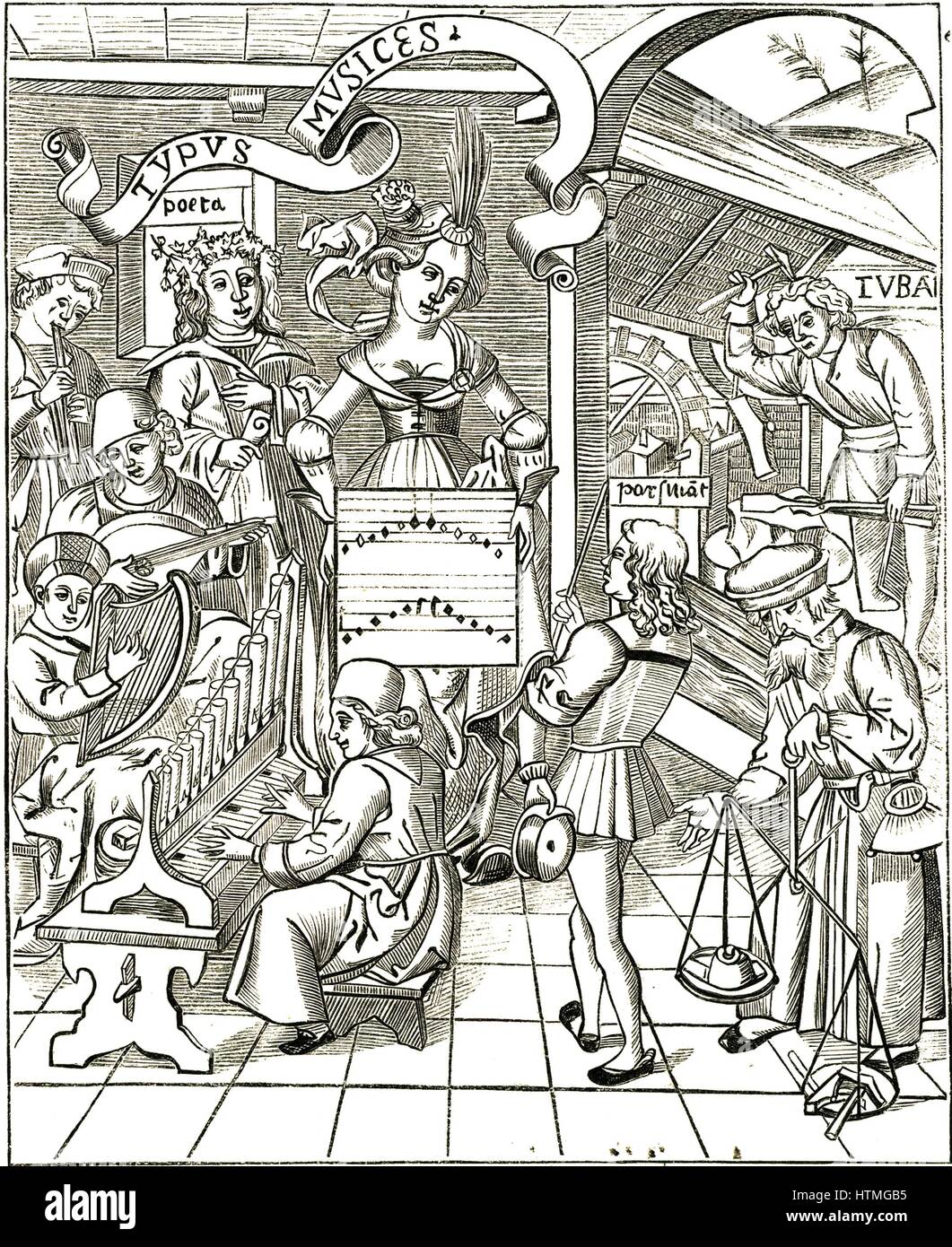 La personnification de la musique de Gregor Reisch 'Margarita' Philosophica, Strasbourg, 1508. Au premier plan à gauche l'homme joue un orgue portatif, au-dessus de lui est un homme jouant un ou clarsach harpe celtique, au-dessus de lui un luth comme instrument est joué. Haut à gauche un garçon joue le tuyau. Banque D'Images