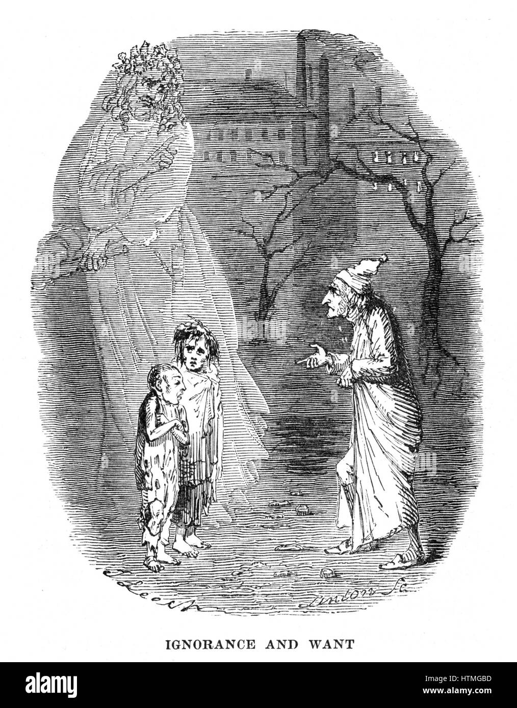 L'ignorance et que vous souhaitez présenté par un fantôme apparaissant à Scrooge. Illustration par John Leech (1817-1864) de Charles Dickens (1812-1870) 'A Christmas Carol', Londres 1843-1844. Banque D'Images