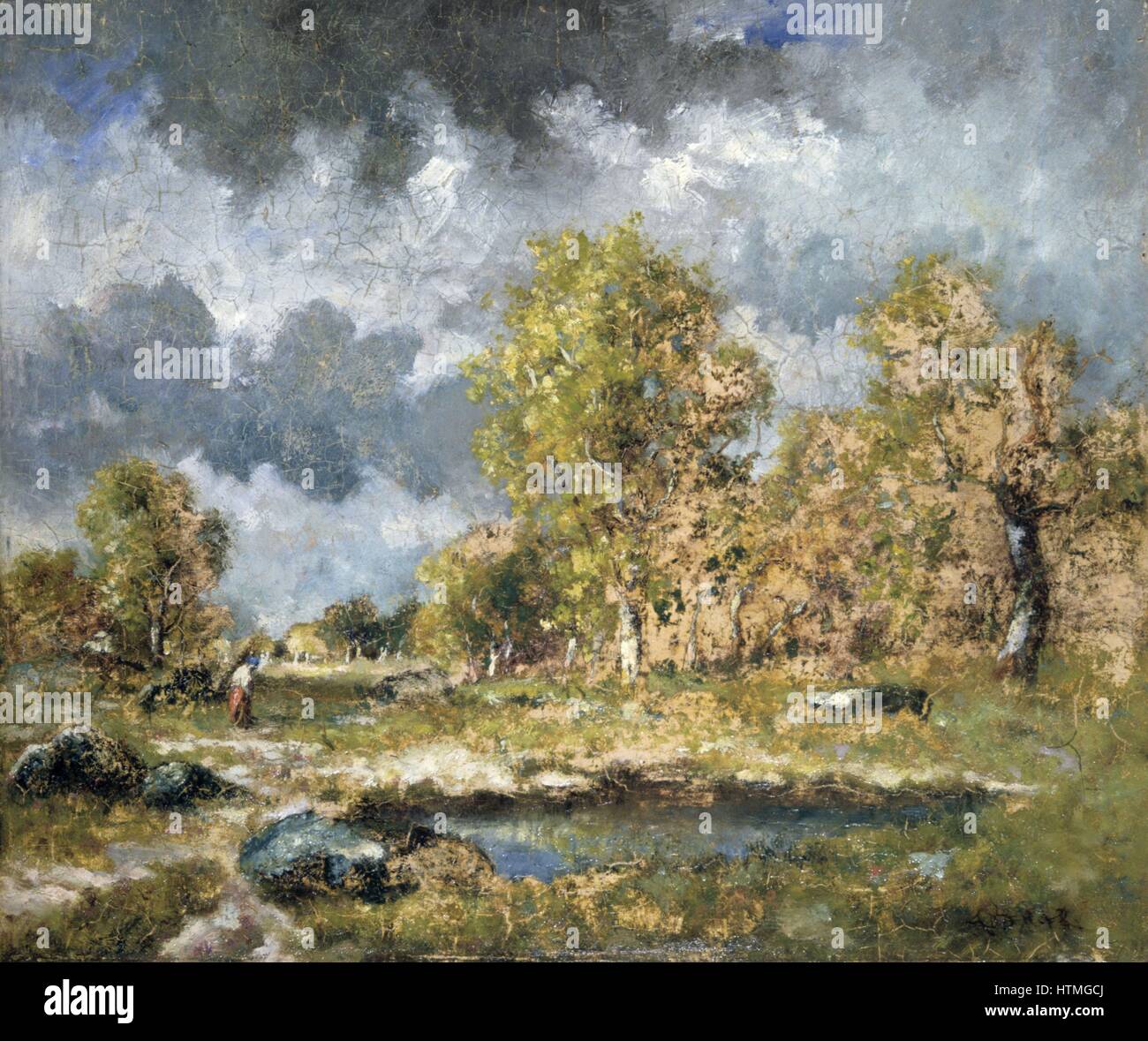 La Piscine" - huile sur panneau. Nacisse Diaz de la Pena (1801-1876) peintre français. Piscine dans un champ rocailleux avec de vieux arbres par un mur en ruine. Banque D'Images