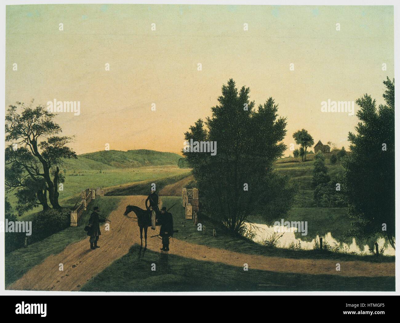 Paysage avec des chasseurs. Huile sur toile : Chtchedrovski Ignati (1815-1870) peintre russe. Par un pont à dos bosse un chasseur à cheval parlant à un paysan qui a enlevée son chapeau. Banque D'Images