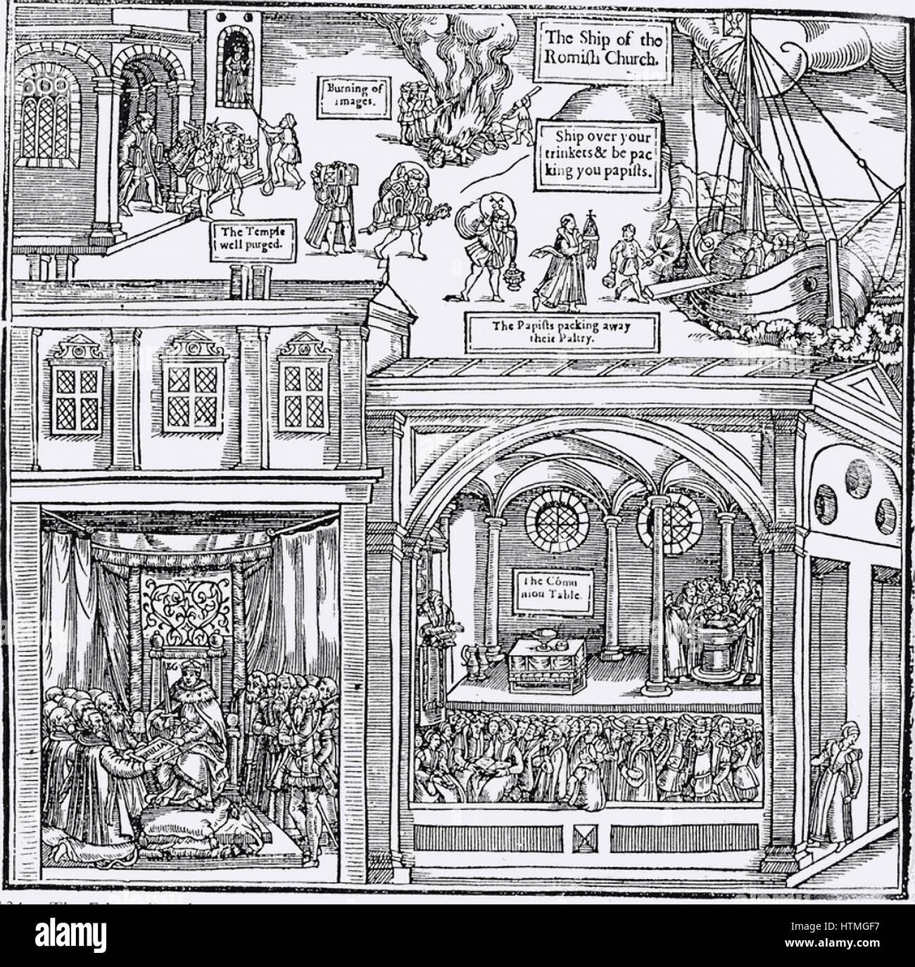 Gravure sur bois à partir de la première édition de John Foxe 'le livre des Martyrs', Londres 1563, illustrant l'iconoclasme, centre haut. Dans la partie supérieure de l'image 'Les papistes' sont loin d'emballage leur 'pauvre', tandis que l'église est purgé d'idoles. En bas à gauche clercs recevoir t Banque D'Images