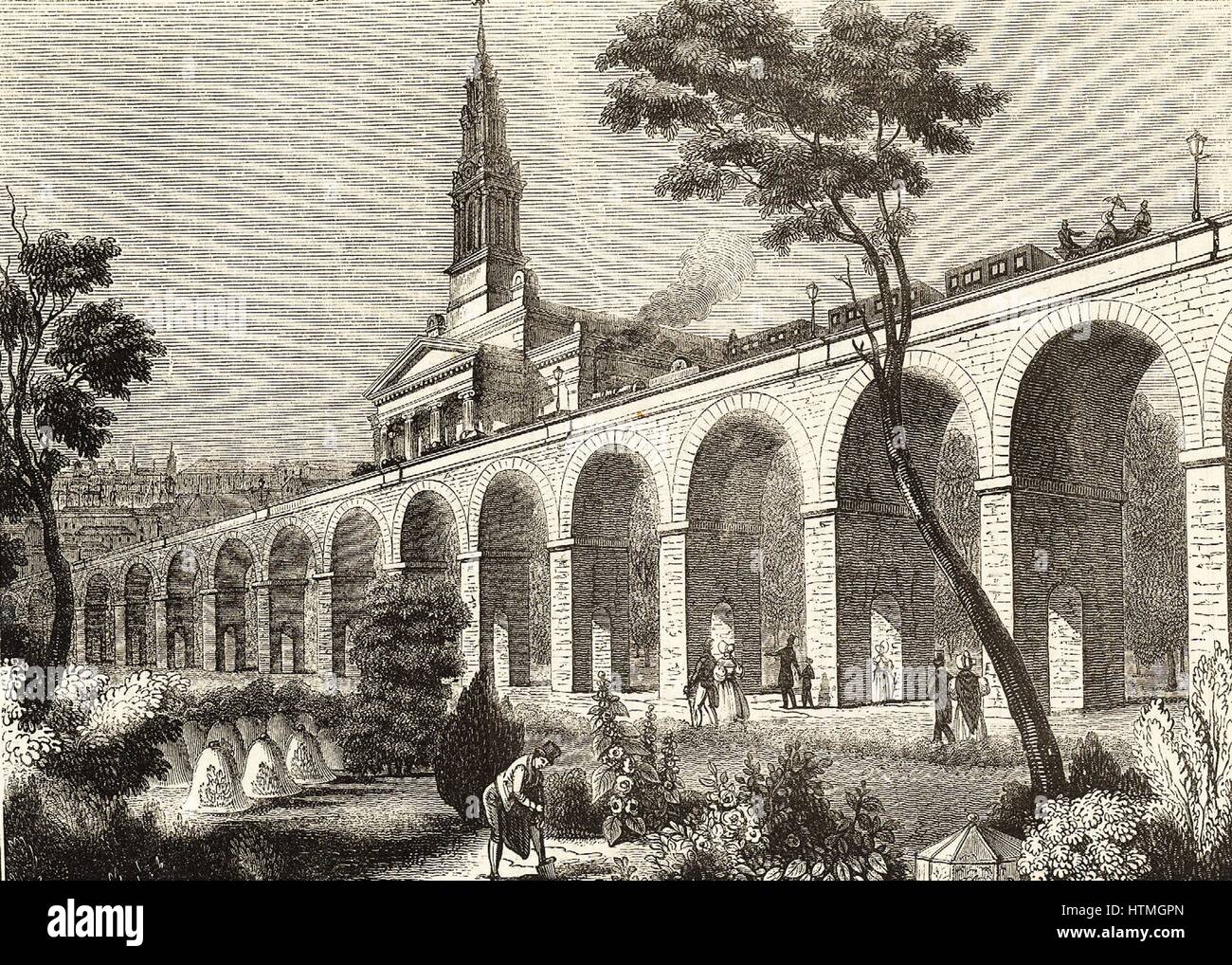 Londres et Greenwich Railway, un projecteur et l'ingénieur Lieut-Col George Thomas Landmann (1779-1854). Viaduc près de Bermondsey nouvelle coupe de l'Église à travers le paysage, obscurcissant la vue sur l'église et en totale contradiction avec la scène dans le jardin le foregr Banque D'Images