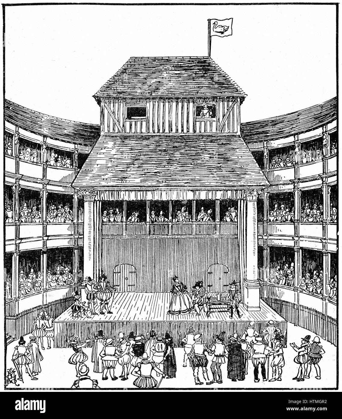 La reconstruction de l'artiste d'un théâtre de Playhouse à l'époque d'Elizabeth I. Gravure sur bois. Banque D'Images