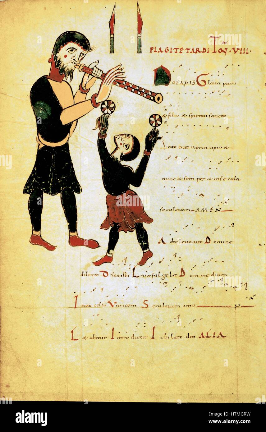 Jongleur et acrobate jongleur ou : un jongleur était une personne engagées professionnellement dans la musique. Manuscrit anonyme du 11ème siècle. Banque D'Images