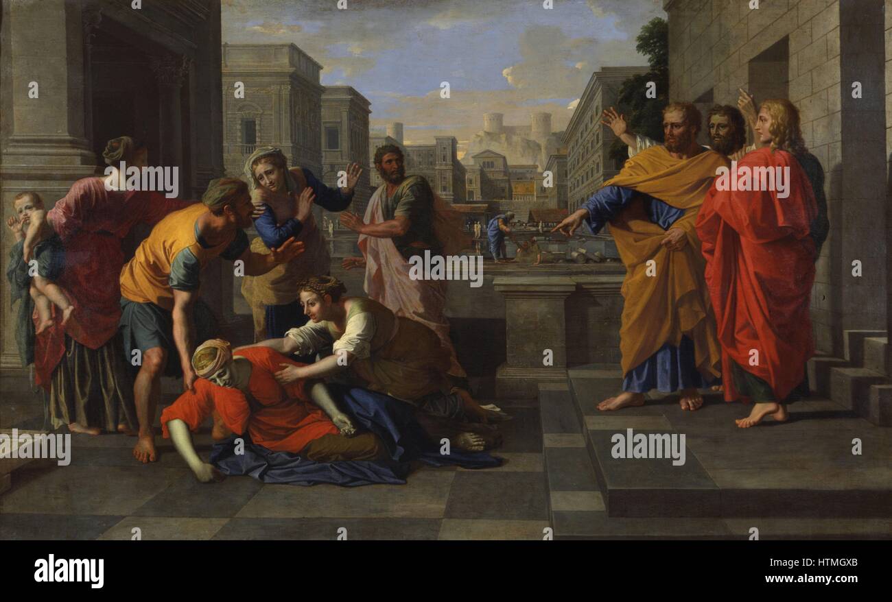 La mort de Saphira', 1654-1656, huile sur toile. Nicolas Poussin (1594-1665) peintre français. Ananias et sa femme Saphira, étaient membres de l'Église Chrétienne à Jérusalem. Selon le 'Actes des Apôtres' ils ont menti aux Apôtres sur t Banque D'Images