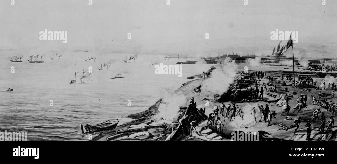 Îles Chincha 1864-1866 Guerre entre l'Espagne et son ex-colonies d'Amérique du Sud. Bombardement de Callao, le 2 mai 1866, les navires espagnols de tirer sur des défenses côtières péruviennes. Imprimer 1868. Banque D'Images