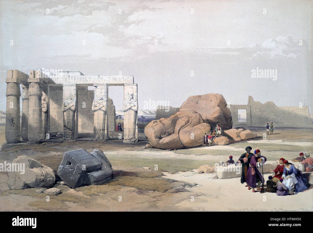 Fragment du grand colosses de Memnon, Egypte Thèbes - Lithographie d'une aquarelle de David Roberts (Écossais) Banque D'Images