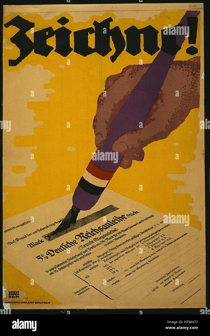 Poster montre une main tenant un stylo et signer un certificat d'obligation de guerre allemande. 1918. Banque D'Images