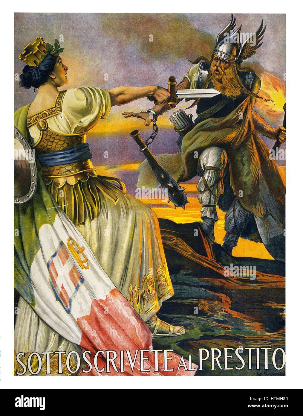 Al Sottoscrivete italien prestito Première Guerre mondiale affiche montre une figure féminine classique, représentant l'Italie, portant une couronne, d'armures et drapé dans le drapeau italien, tenant une épée d'un guerrier nordique venant des montagnes. 1917 Banque D'Images