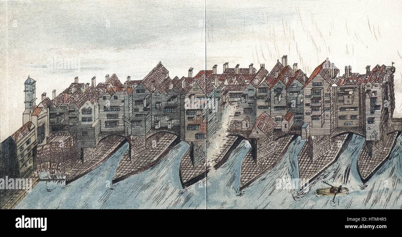 Partie du Vieux Pont de Londres, construit 1176-1209, montrant les roues hydrauliques de la maïs Southwark mills construit sur le côté de la Thames Surrey c1588. Par gap dans les bâtiments sur la gauche est Southwark ou traîtres' gate (1577-9) avec les chefs des traîtres placés sur des poteaux. Chromolithographie après peinture c1600 Banque D'Images