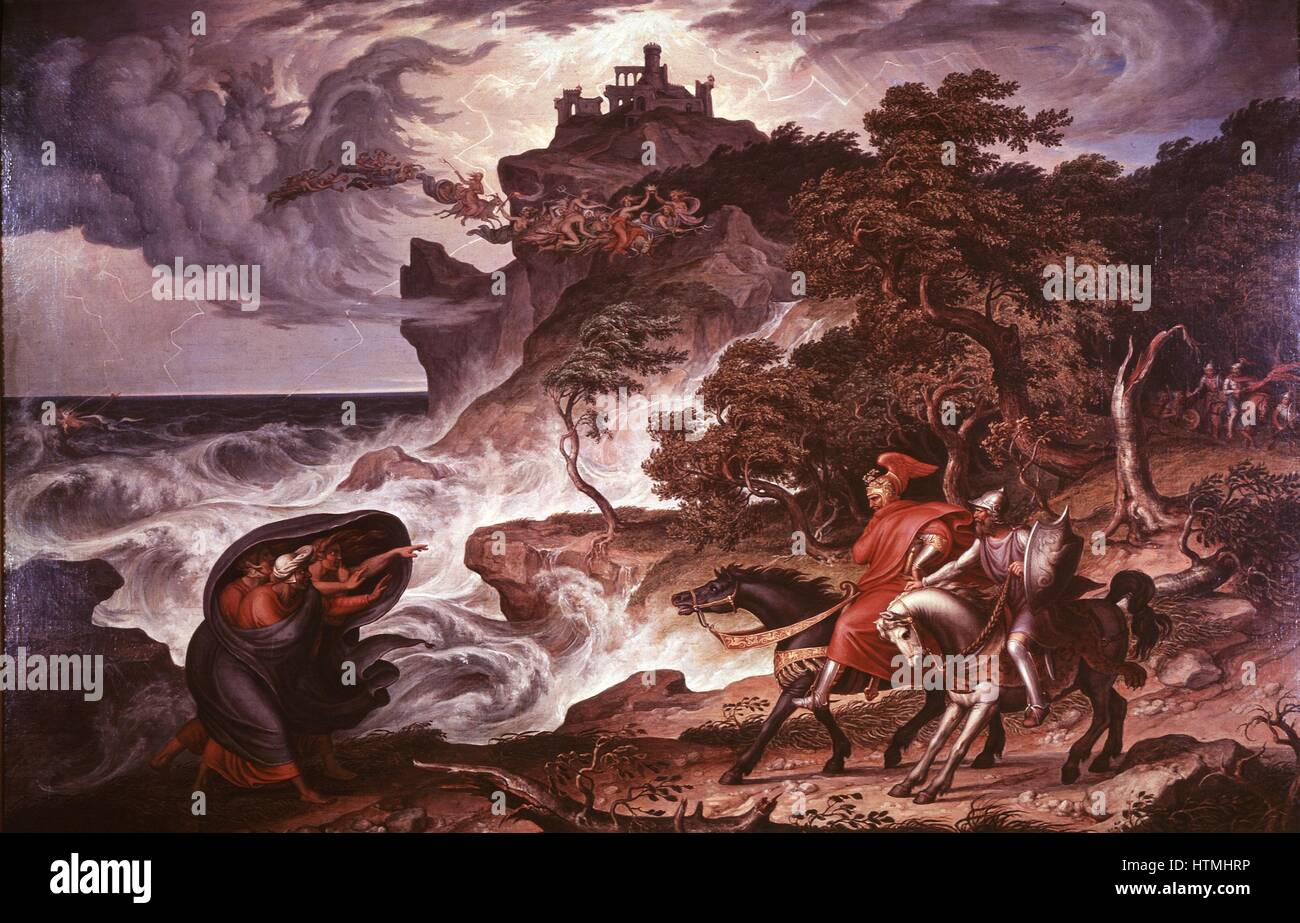Henry Fuseli Johann Heinrich Fussli (1741-1825) peintre britannique né en Suisse. ' Les Trois sorcières figurant à Macbeth et Banquo'. Scène dans la pièce de Shakespeare première effectuée c1606. Sinister sorcières enveloppée de blanc et avec des visages spectraux presque point, moi Banque D'Images