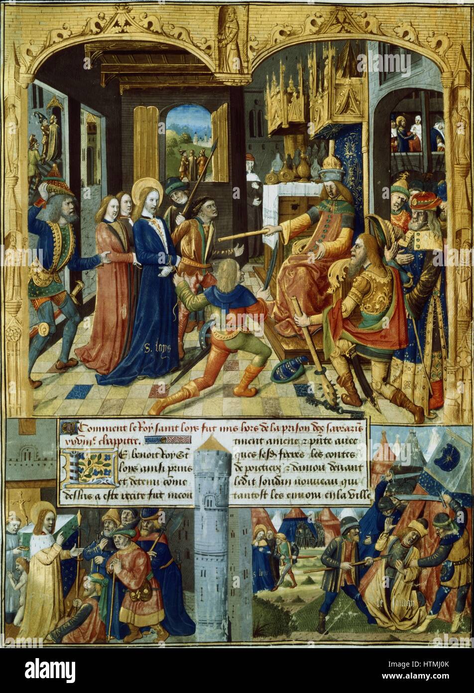 St Louis a apporté comme prisonnier avant que le Sultan (en haut). En bas à gauche : Discours de Louis avec sarrasins. En bas à droite : Sultan assassiné par ses courtisans. À partir de 'Le livre de Faiz Monseigneur Saint Louis" (Louis IX de France 1215-70). Sixième Croisade (1248-54) : Banque D'Images