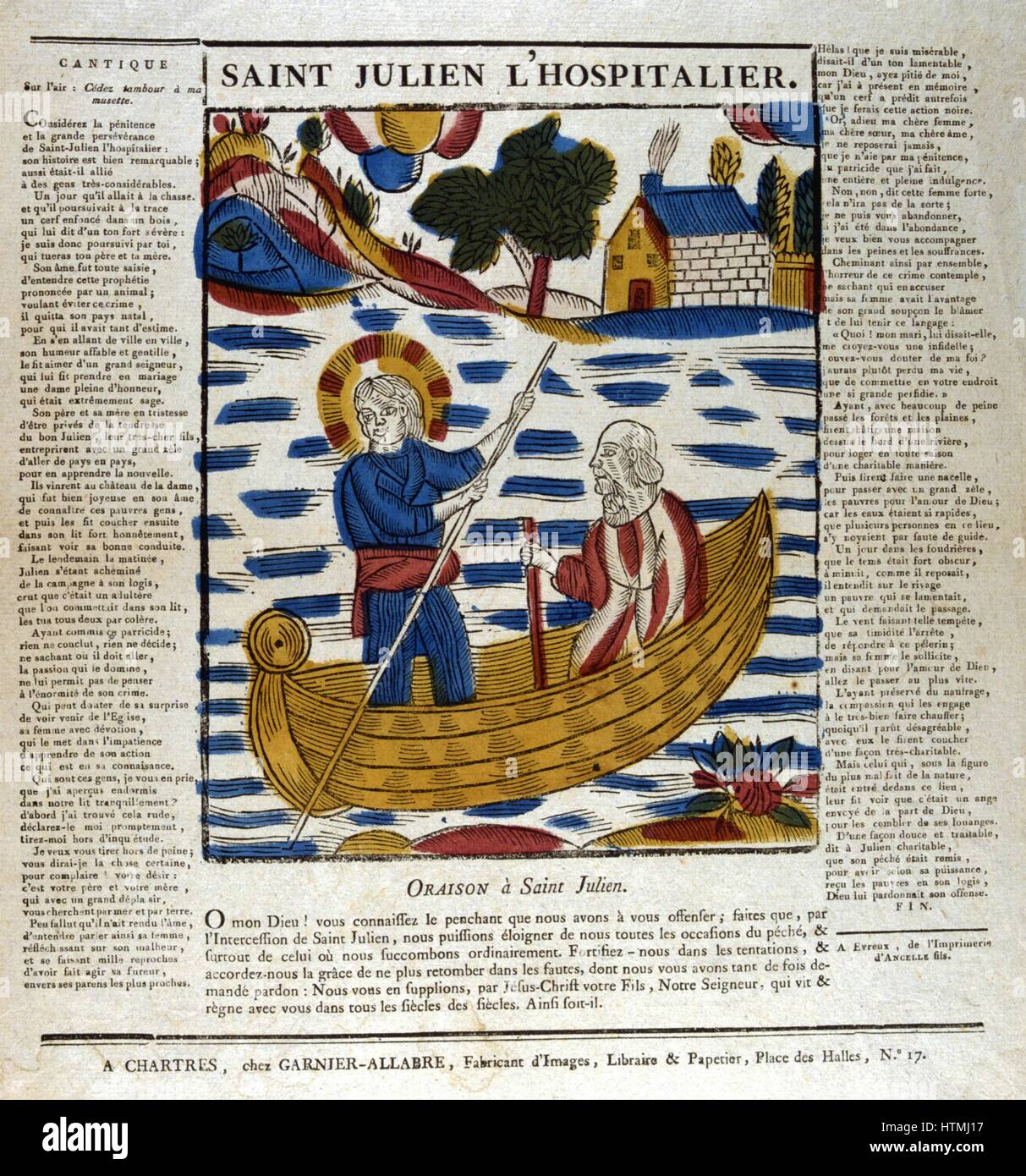 St Julien : un saint patron des voyageurs. Semble être mythique. Les parents auraient tué par erreur, et a passé en aidant l'expiation ot la vie des étrangers et des voyageurs. Gravure sur bois de couleur français du 19e siècle Banque D'Images