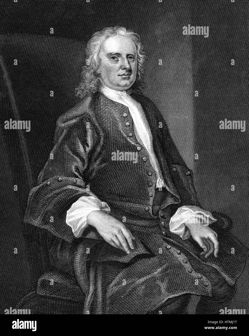 Isaac Newton (1642-1727), mathématicien, physicien anglais et astronome . La gravure sur cuivre Banque D'Images