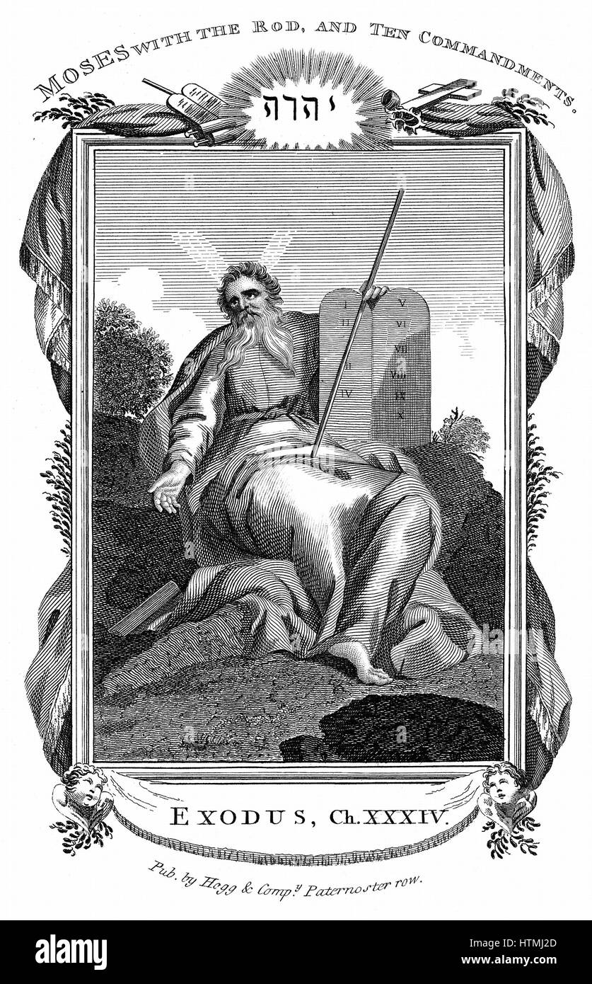 Moïse avec les tables étaient inscrits les dix commandements. "Bible" en Exode 34. La gravure sur cuivre c1808 Banque D'Images