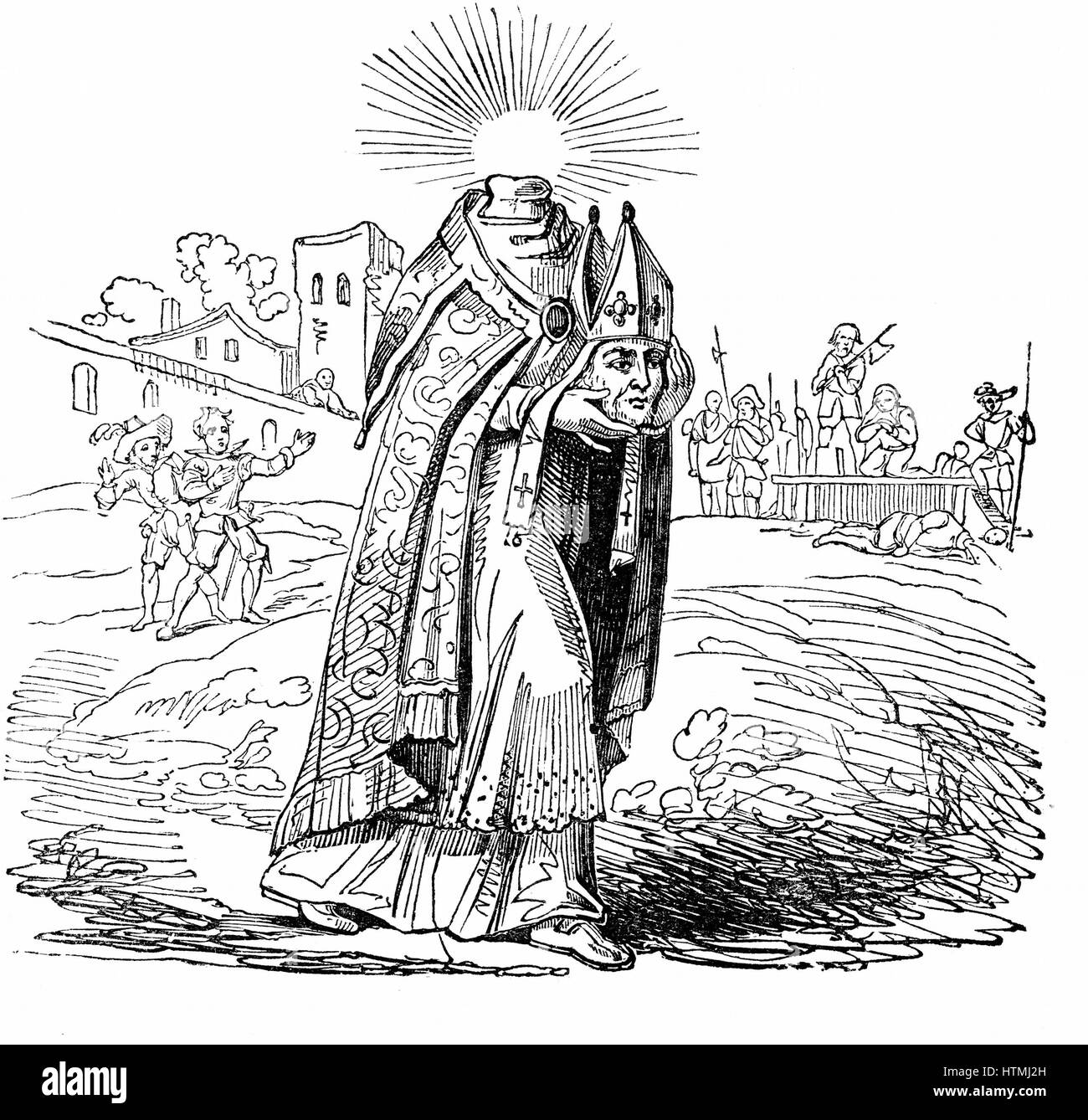 St Denis aussi Denys ou Dionysius, Saint Patron de la France (DC150). Premier évêque de Paris. En vertu de la valériane, décapité à Montmartre et a été dit de porter sa tête à son enterrement sur place à Saint-Denis. Gravure sur bois, 1826. Banque D'Images