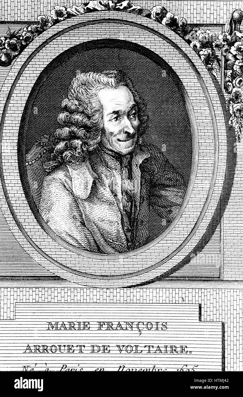 François Marie Arouet de Voltaire (1694-1778) auteur français, dramaturge, satiriste, homme de lettres et figure centrale dans les Français des Lumières. La gravure sur cuivre. Banque D'Images