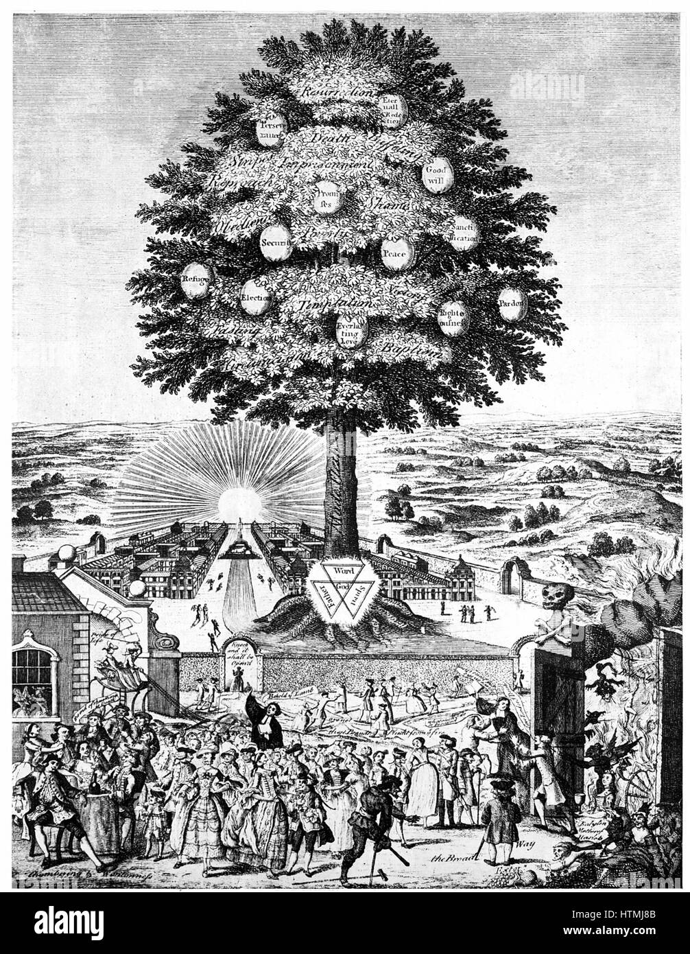 John Wesley (1703-1791) et George Whitefield (1714-1770) English évangélistes et fondateurs du méthodisme, exhortant les pécheurs à se détourner de la large voie vers l'enfer, et de prendre le chemin de la justice dont le récompense est la nouvelle Jérusalem. Après la 18e siècle engravi Banque D'Images