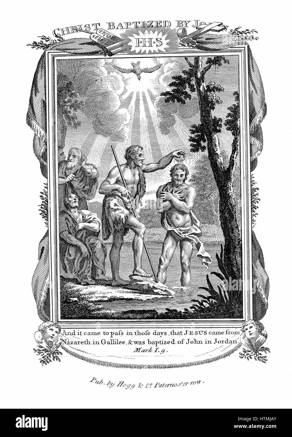 Jean Baptiste baptisant Jésus. "Bible" de Notes 1. 9. La gravure sur cuivre c1808 Banque D'Images