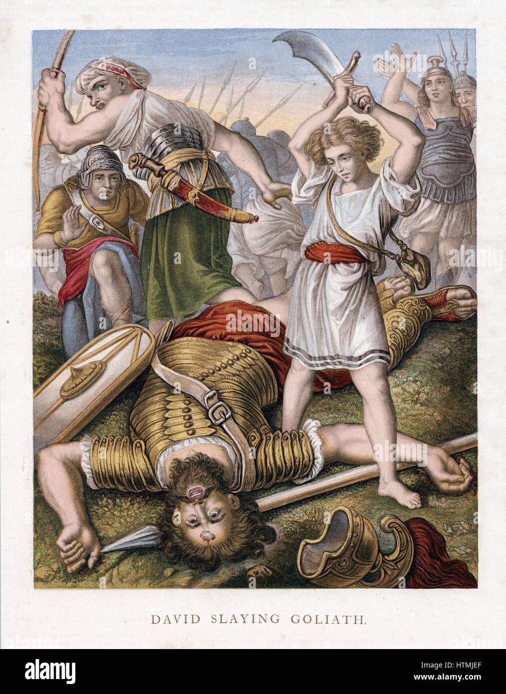 David, après avoir tué le Philistin Goliath, géant, avec Pierre de sa fronde, s'assure que Goliath est vraiment mort. "Bible" 1 Samuel 17:I. Goliath 6 coudées (environ 3 m de hauteur) Chromolithographie c1860 Banque D'Images