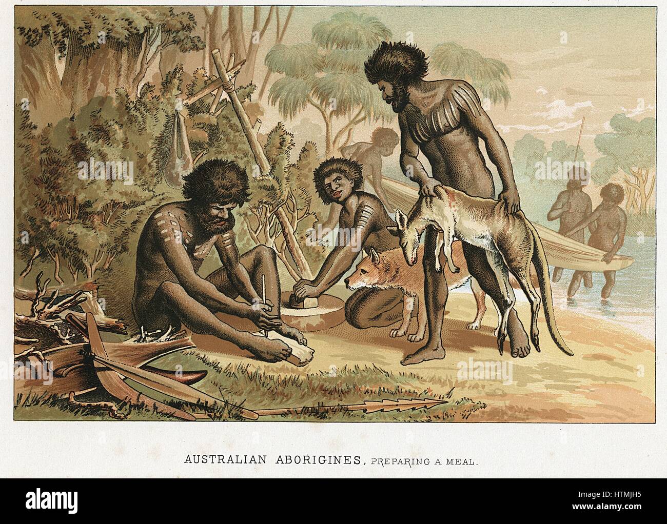 Les autochtones australiens de la préparation de repas qu'ils ont des animaux chassés. L'homme sur la gauche fait feu par méthode blister. Chromolithographie c1895 Banque D'Images