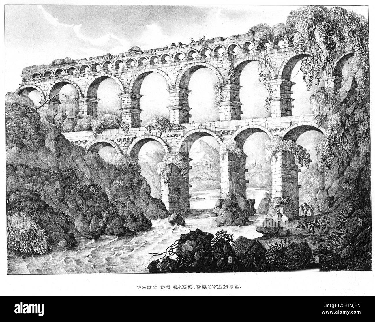 Pont du Gard, Nîmes, dans le sud de la France. Aqueduc romain construit c18 BC. Pas de ciment utilisé. Lithographie du xixe siècle Banque D'Images