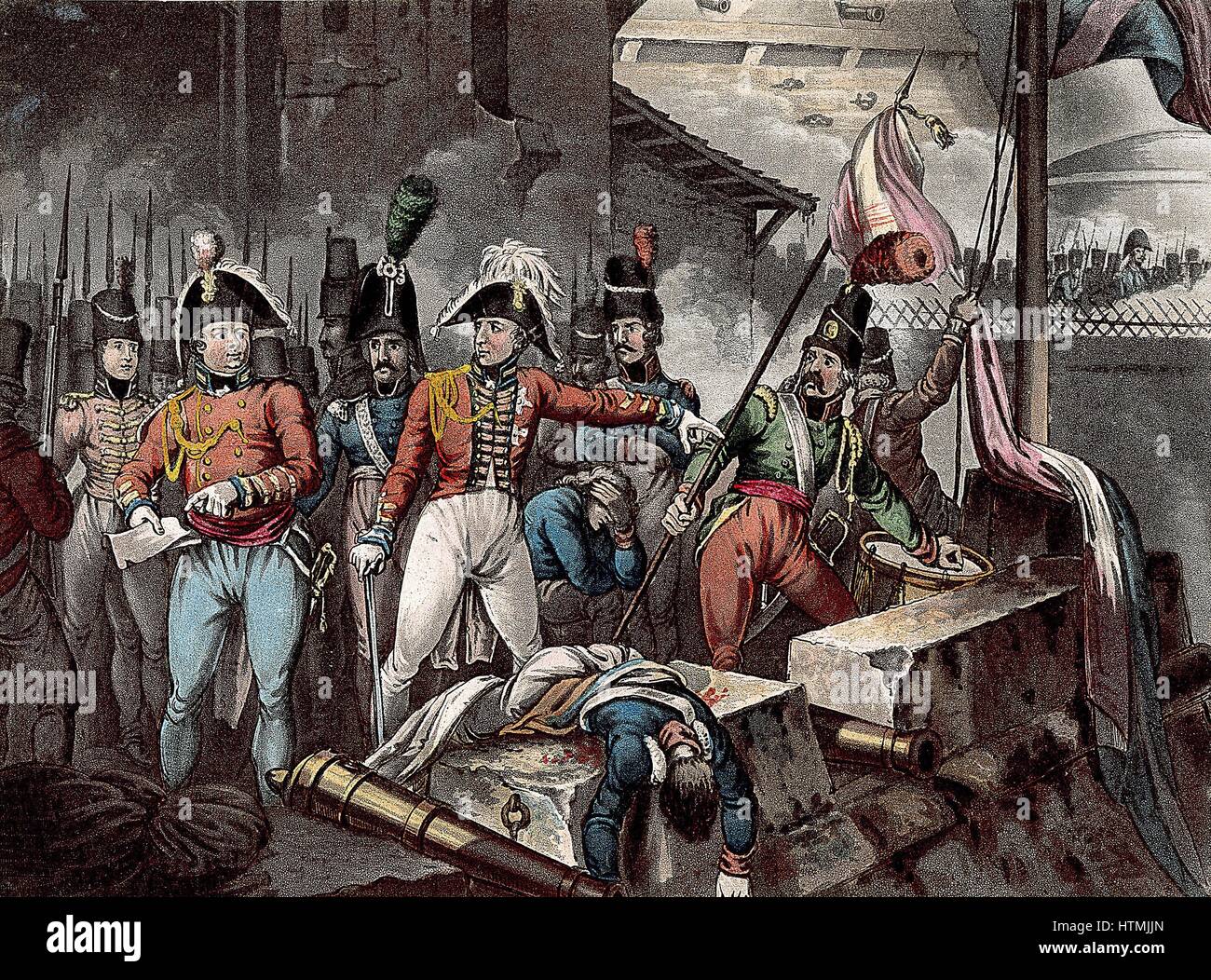 Guerre Péninsulaire : Duc de Wellington Arthur Wellesley (1769-1852) à la prise de Ciudad Rodrigo 1812. Dessiné et gravé par William Heath, aquatinted par JC Stadler, publié c1818 Banque D'Images