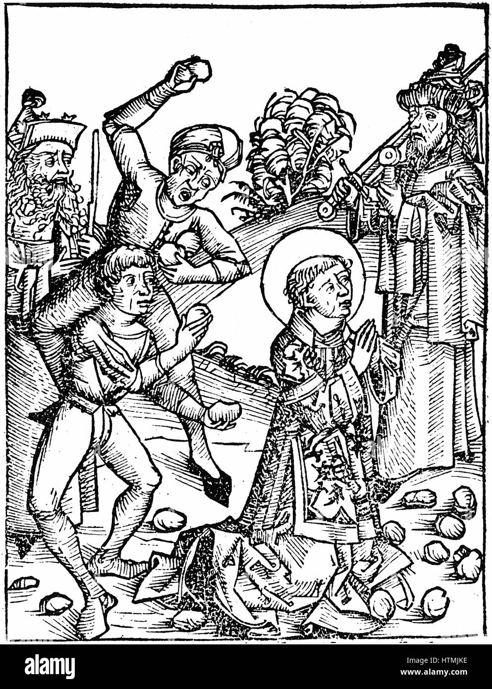 Saint Etienne, premier martyr chrétien : reconnu coupable de blasphème par le sanhédrin, le Conseil suprême des Juifs, et lapidé à mort : "Bible" Actes 7:57. Gravure sur bois de Hartmann Schedel 'Liber Chronicarum mundi' (Chronique de Nuremberg Nuremberg, 1493) Banque D'Images