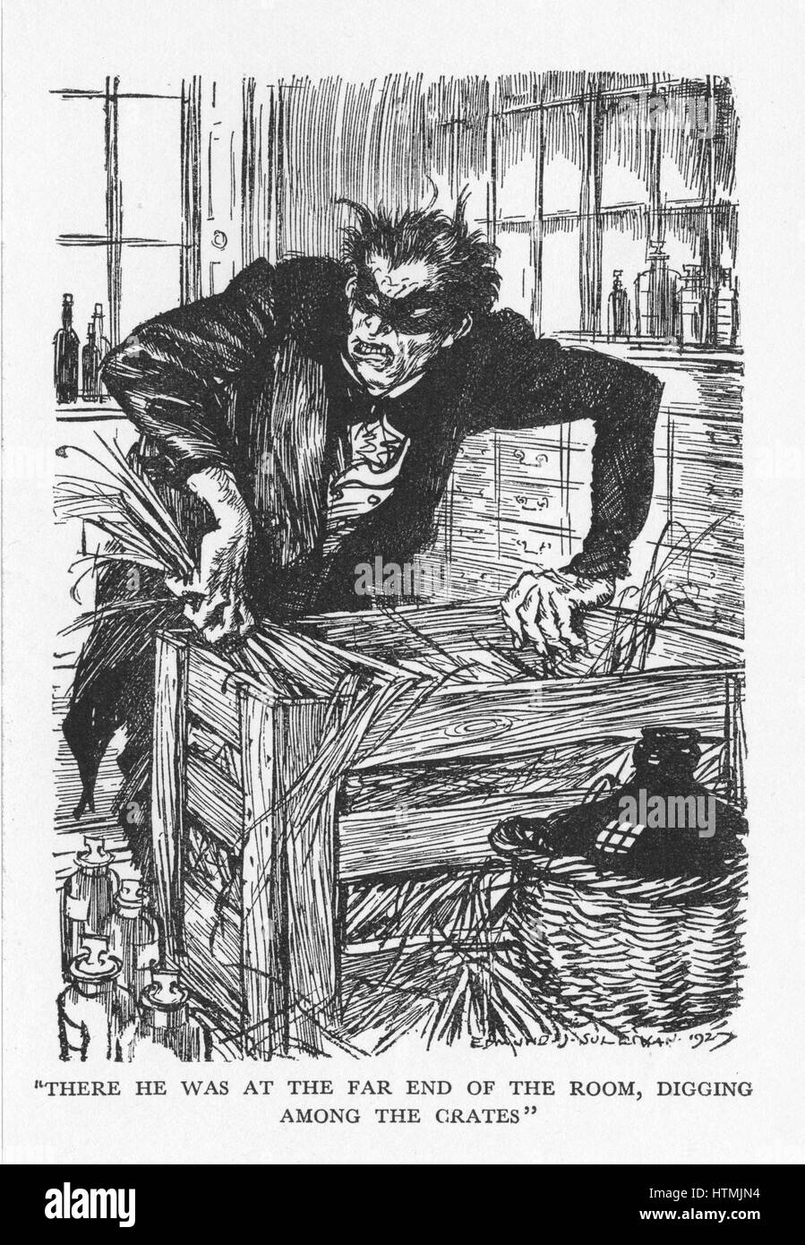 Robert Louis Stevenson "L'étrange cas du Dr Jekyll et Mr Hyde' d'abord publié 1886. Le Dr Jekyll essayant désespérément de trouver les produits chimiques qui vont lui permettre de rejeter son Mr Hyde persona. Illustration par Edmund J. Sullivan, d'une édition publiée Banque D'Images