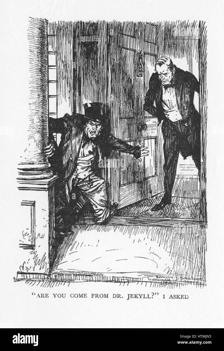 Robert Louis Stevenson "L'étrange cas du Dr Jekyll et Mr Hyde' d'abord publié 1886. Le Dr Lanyon ouvre sa porte à minuit pour un homme de petite taille dans des vêtements trop grands pour lui : Mr Hyde. Illustration par Edmund J. Sullivan, d'une édition publiée 1928 Banque D'Images
